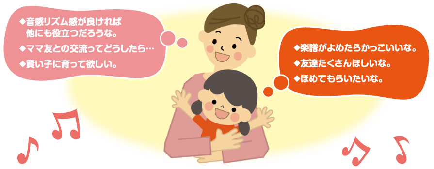 音感・リズム感が良ければ他にも役立つだろうな。ママ友との交流ってどうしたら…。賢い子に育って欲しい。楽譜がよめたらかっこいいな。友達たくさんほしいな。ほめてもらいたいな。