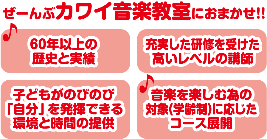 ぜーんぶカワイ音楽教室におまかせ！！
		60年以上の歴史と実績・充実した研修を受けた高いレベルの講師・子どもがのびのび「自分」を発揮できる環境と時間の提供・音楽を楽しむ為の対象(学齢制)に応じたコース展開